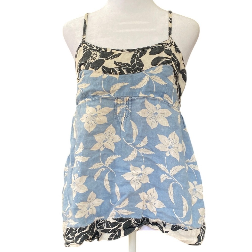 Y2K GAP Babydoll 100% Linen Floral Camisole Top Medium Boho Vacation Beach Earth